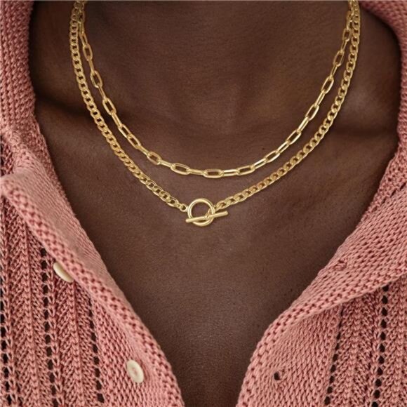 2-Layer Gold Necklace Set for Women – Paperclip & Toggle Chains - Picture 1 of 4